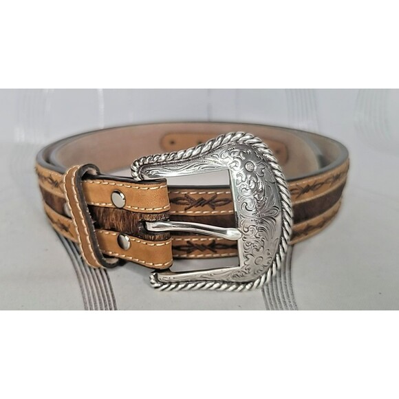 Nocona Mens Size 36 Leather Belt Western Brown Barbwire Edges N2410208 Calf Hair